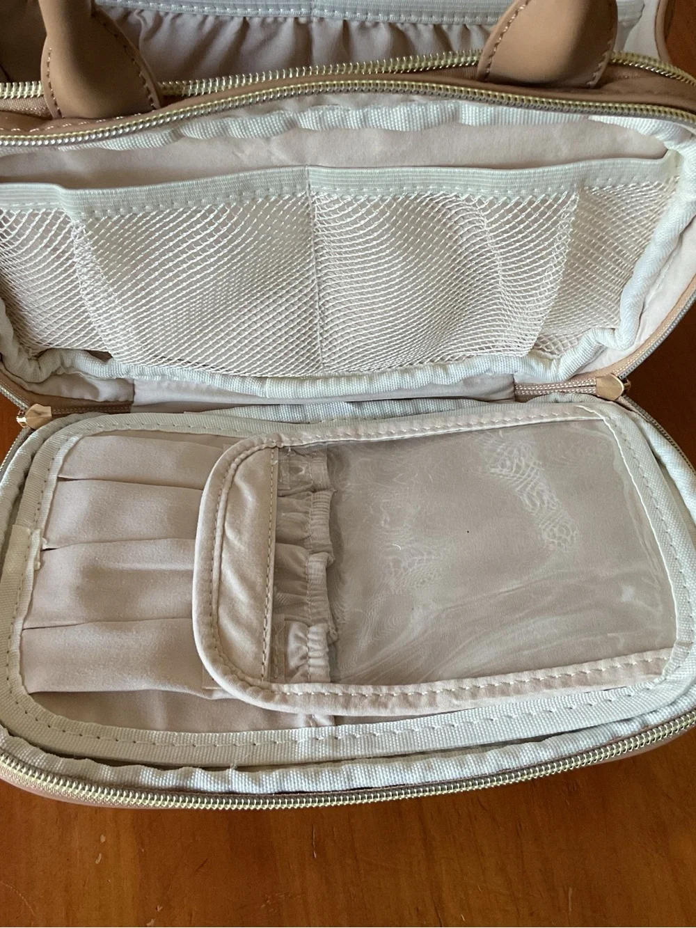 Cream and Tan Cosmetic Travel Case with Top Handles